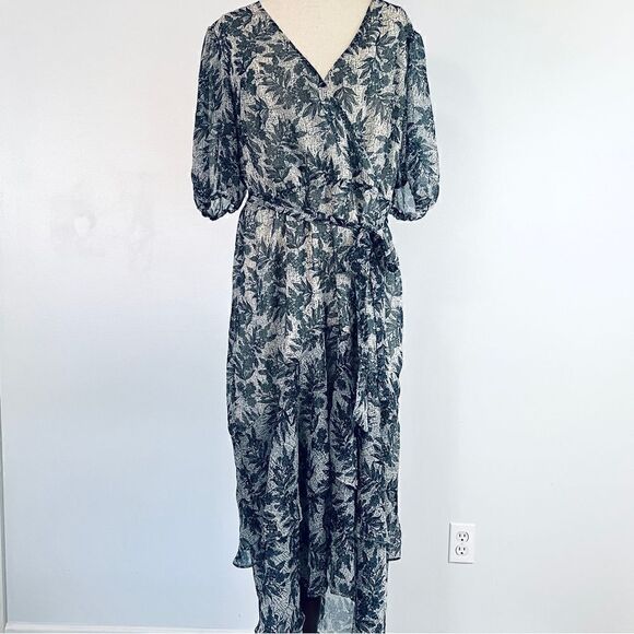 Eloquii Sheer Floral Wrap Dress Ruffled Tiered Skirt 16 Blue Cream - Picture 6 of 16